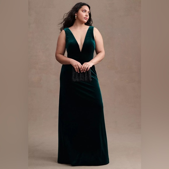 New Anthropologie Jenny Yoo Logan Deep V Velvet Column Gown - Picture 2 of 9